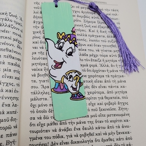 Ξύλινος σελιδοδείκτης Μαντάμ τσαγιερό και θρυψαλάκι - ζωγραφισμένα στο χέρι, σελιδοδείκτες, ζωγραφική σε ξύλο - 2