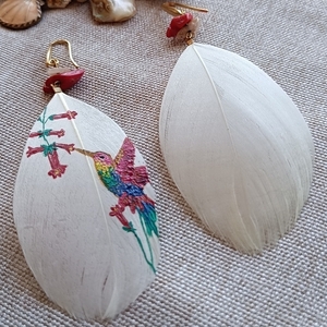 "summer bird sounds" κρεμαστά σκουλαρίκια ζωγραφισμένα στο χέρι! - φτερό, ατσάλι, boho, μεγάλα, γάντζος