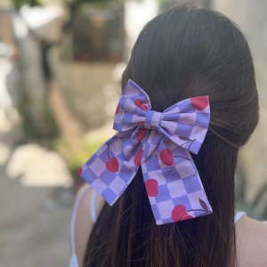 Cherry checkers cotton bow - ύφασμα, φιόγκος, για τα μαλλιά, hair clips - 2