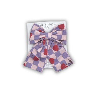 Cherry checkers cotton bow - ύφασμα, φιόγκος, για τα μαλλιά, hair clips - 4