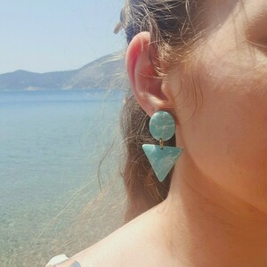 Summer Geometric Earrings 2 | Χειροποίητα σκουλαρίκια πηλού - επιχρυσωμένα, ρητίνη, πηλός, μακριά, boho - 3