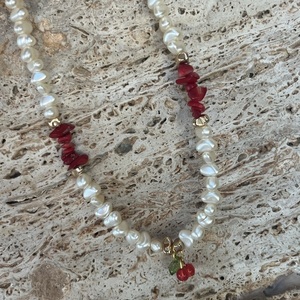Cherry Necklace - ημιπολύτιμες πέτρες, κοράλλι, αιματίτης, πέρλες
