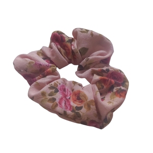 Χειροποίητο scrunchie ροζ φλοράλ - ύφασμα, λαστιχάκια μαλλιών - 4