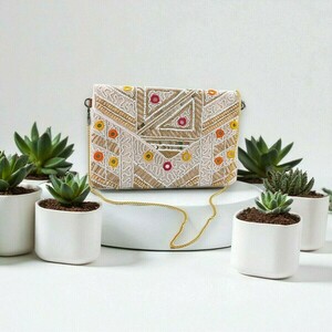 Clutch με Γεωμετρικό Κέντημα & Χάντρες - ύφασμα, clutch, ώμου, χάντρες, χειρός - 3
