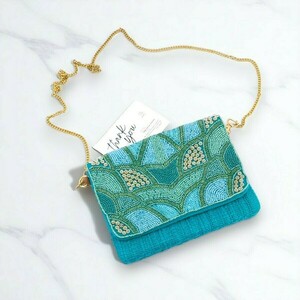 Clutch Τσαντάκι σε Τόνους Γαλάζιου με Χάντρες & Χρυσή Αλυσίδα - ύφασμα, clutch, ώμου, χειρός, μικρές