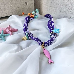 κολιέ bandana “Ocean play” - ύφασμα, επιχρυσωμένα, ψάρι, κοντά, boho