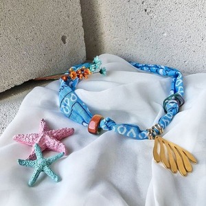 κολιέ bandana “Blue Aegean Flow” - ύφασμα, επιχρυσωμένα, κοχύλι, κοντά, boho