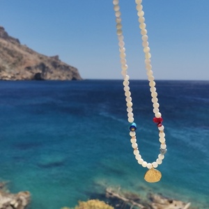 Λευκό κολιέ με φίλντισι - κοράλλι, κοχύλι, boho - 2