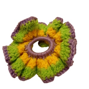 Πλεκτό Scrunchy Πολύχρωμο λιλά/λαχανί/κίτρινο - Medium - νήμα, λαστιχάκια μαλλιών