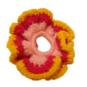 Πλεκτό Scrunchy ροζ/φούξια/κίτρινο- Medium - νήμα, λαστιχάκια μαλλιών