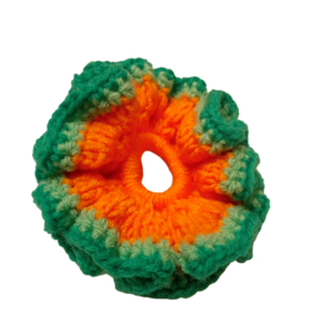 Πλεκτό Scrunchy Πετρόλ/πορτοκαλί - Medium - νήμα, λαστιχάκια μαλλιών