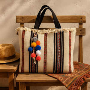 Χειροποίητη τσάντα ώμου με boho χαρακτήρα και παραδοσιακές υφαντές λεπτομέρειες - ύφασμα, ώμου, μεγάλες, all day, tote