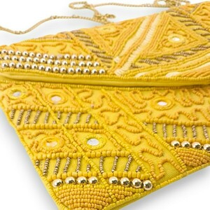 “Helios” Κεντητό Clutch Τσαντάκι Κίτρινο με Χρυσή Αλυσίδα - ύφασμα, clutch, ώμου, χάντρες, χειρός - 3