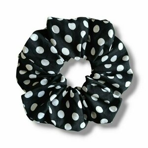 Χειροποίητο Scrunchy - Μαύρο Πουά - ύφασμα, λαστιχάκια μαλλιών
