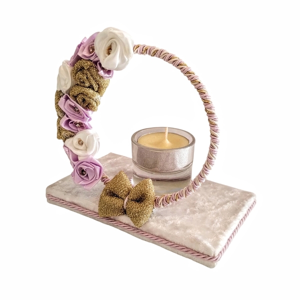 Βελούδινη βάση ρεσώ με τριαντάφυλλα λευκό-λιλά-χρυσό 14×13,5×9cm - ρεσώ & κηροπήγια, αρωματικό, κεριά